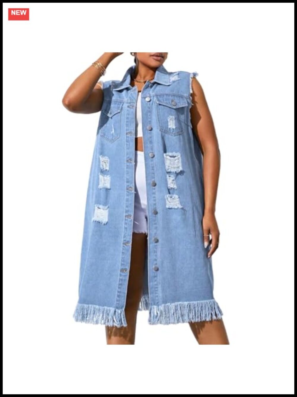 Plus Size Distressed Denim Vest Oversized Longline Fringe Button Front